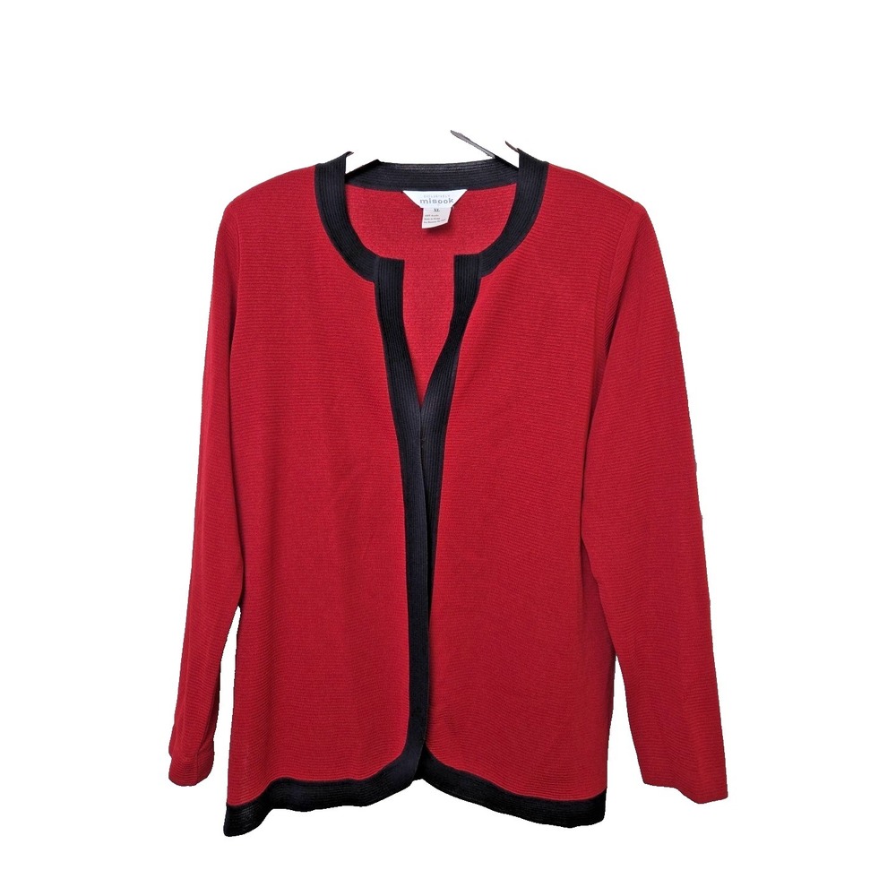 Misook Exclusively Red Black Knit Jacket Cardigan Ribbed Vintage Womens Size XL‎